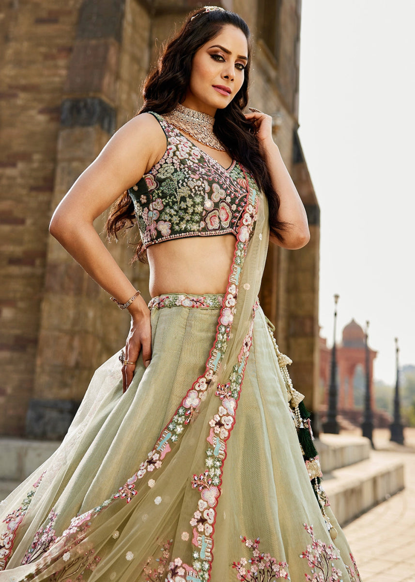 Shades Of Green Net Indian Lehenga Choli with Zarkan, Coding & Sequin Detailing - House of Sarvati LLC