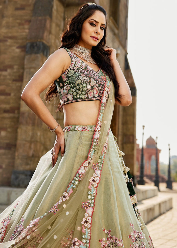 Shades Of Green Net Indian Lehenga Choli with Zarkan, Coding & Sequin Detailing - House of Sarvati LLC