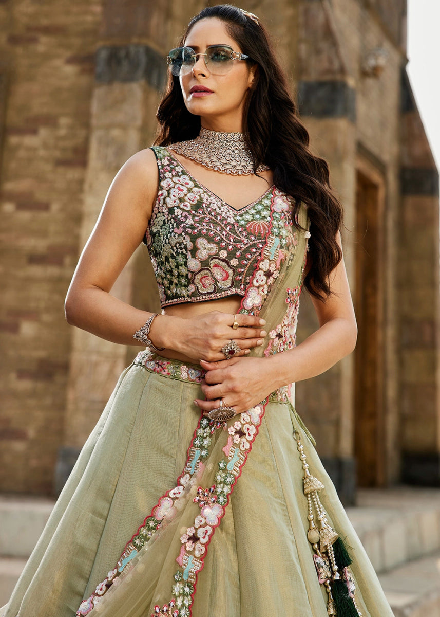 Shades Of Green Net Indian Lehenga Choli with Zarkan, Coding & Sequin Detailing - House of Sarvati LLC