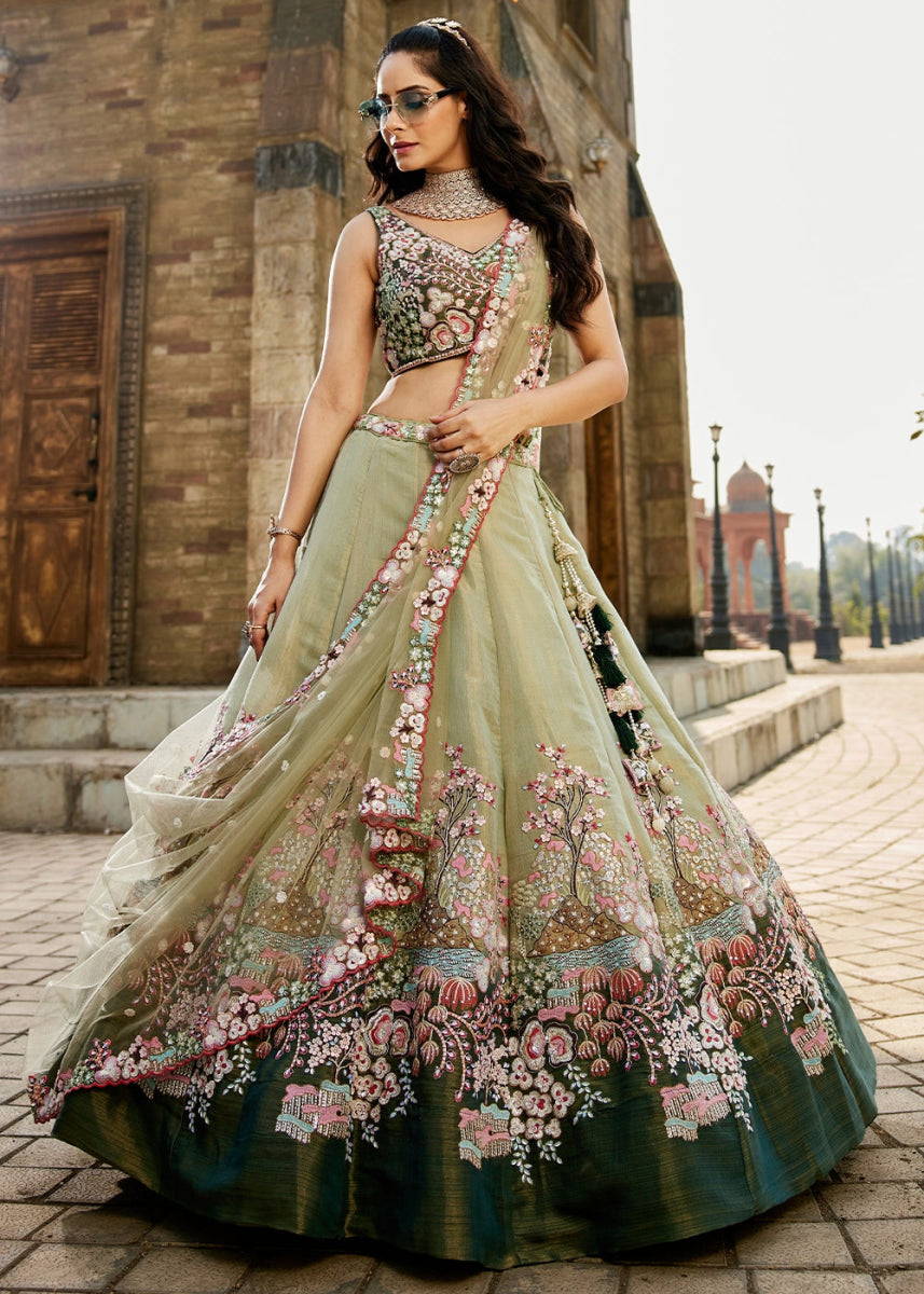 Shades Of Green Net Indian Lehenga Choli with Zarkan, Coding & Sequin Detailing - House of Sarvati LLC