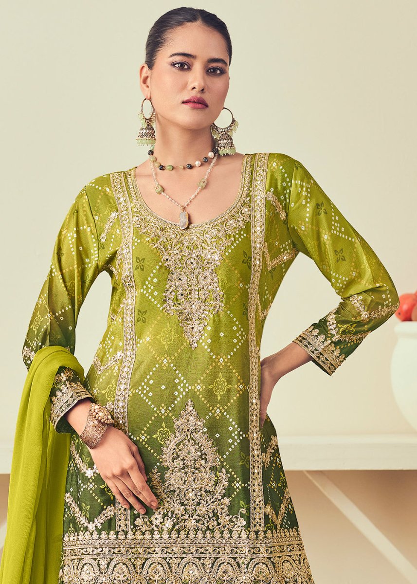 Shades Of Green Palazzo Suit with Chinon Silk, Mirror & Jarkan Embellishments - House of Sarvati LLC