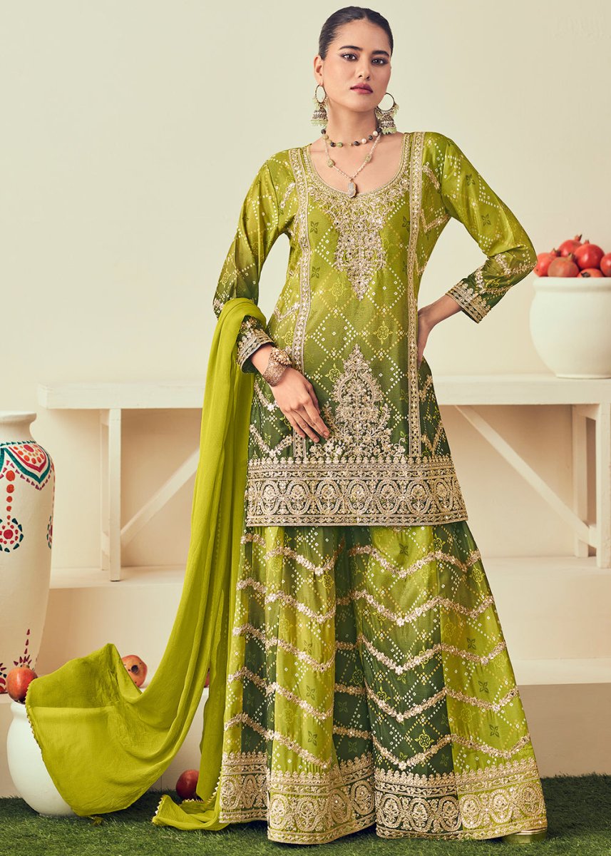 Shades Of Green Palazzo Suit with Chinon Silk, Mirror & Jarkan Embellishments - House of Sarvati LLC