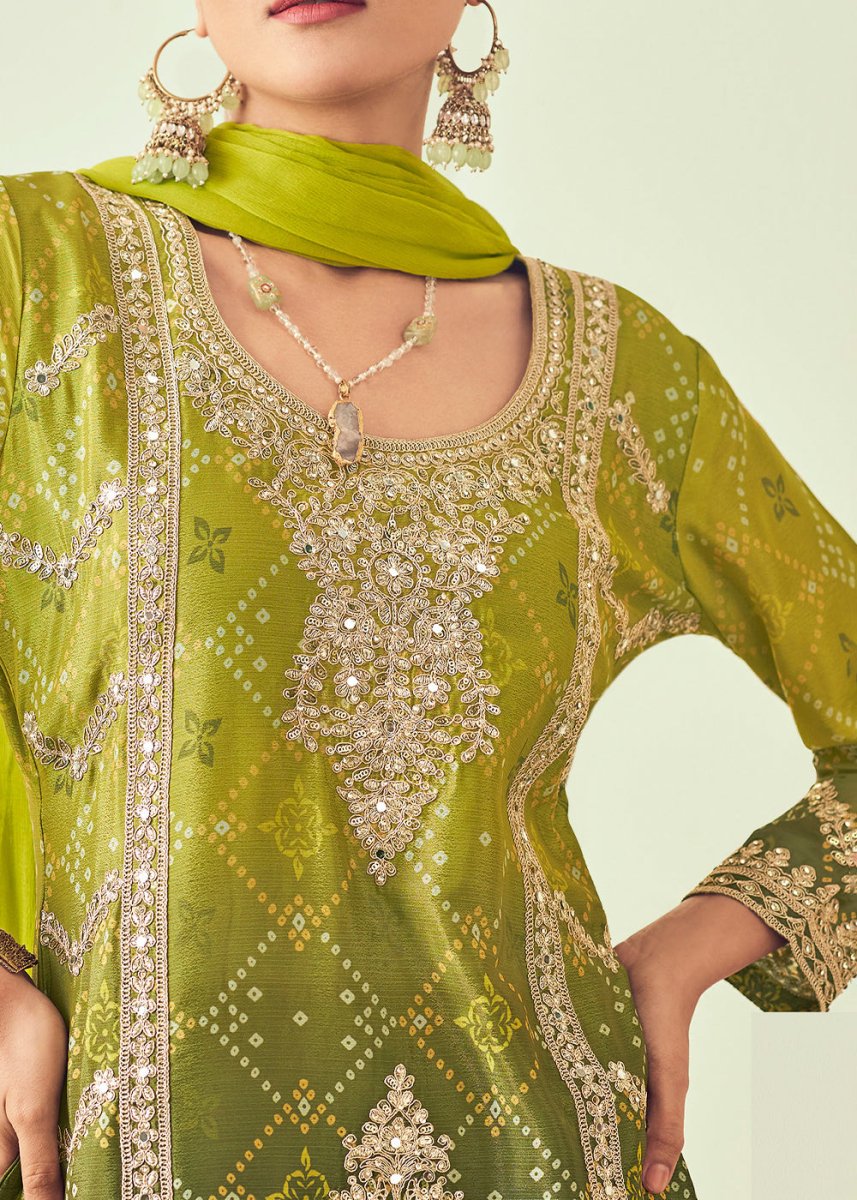 Shades Of Green Palazzo Suit with Chinon Silk, Mirror & Jarkan Embellishments - House of Sarvati LLC