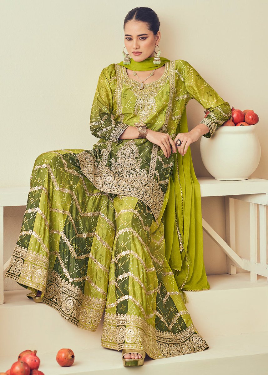 Shades Of Green Palazzo Suit with Chinon Silk, Mirror & Jarkan Embellishments - House of Sarvati LLC