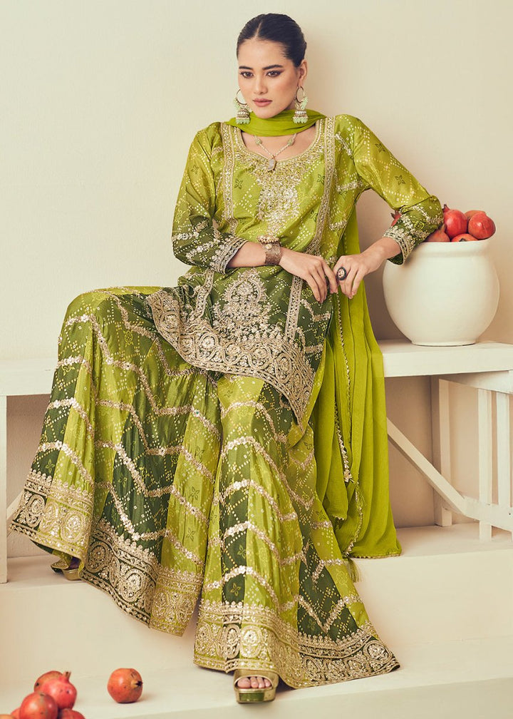 Shades Of Green Palazzo Suit with Chinon Silk, Mirror & Jarkan Embellishments - House of Sarvati LLC