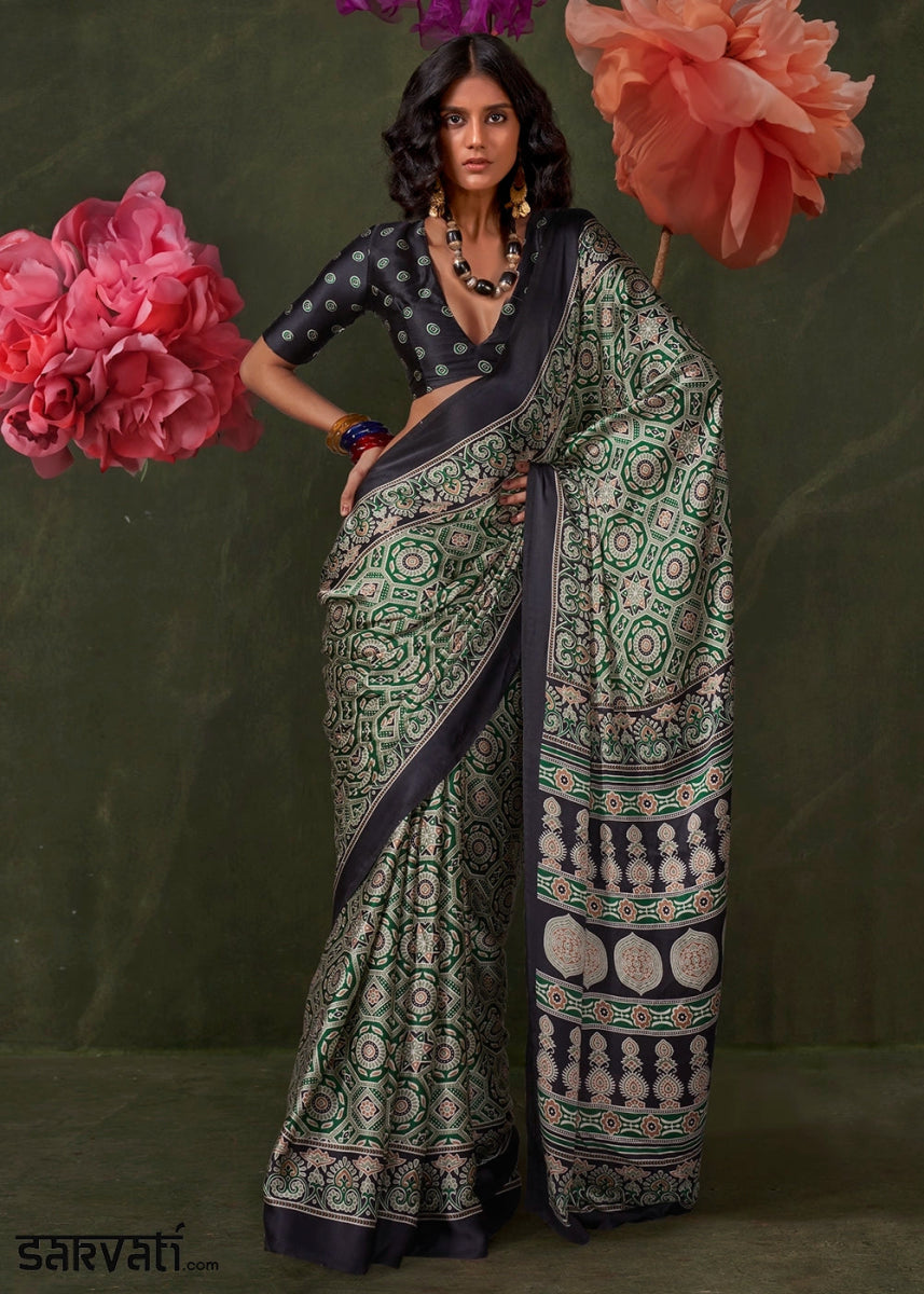 Shades Of Green Satin Crepe Saree Featuring Rich Ajrakh Prints - House of Sarvati LLC