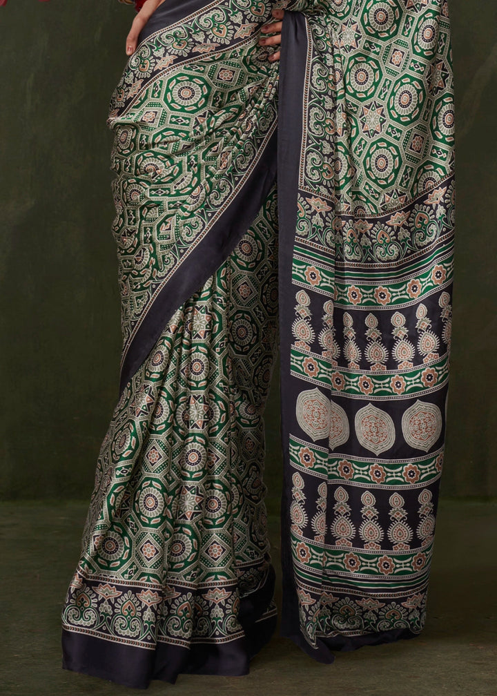 Shades Of Green Satin Crepe Saree Featuring Rich Ajrakh Prints - House of Sarvati LLC