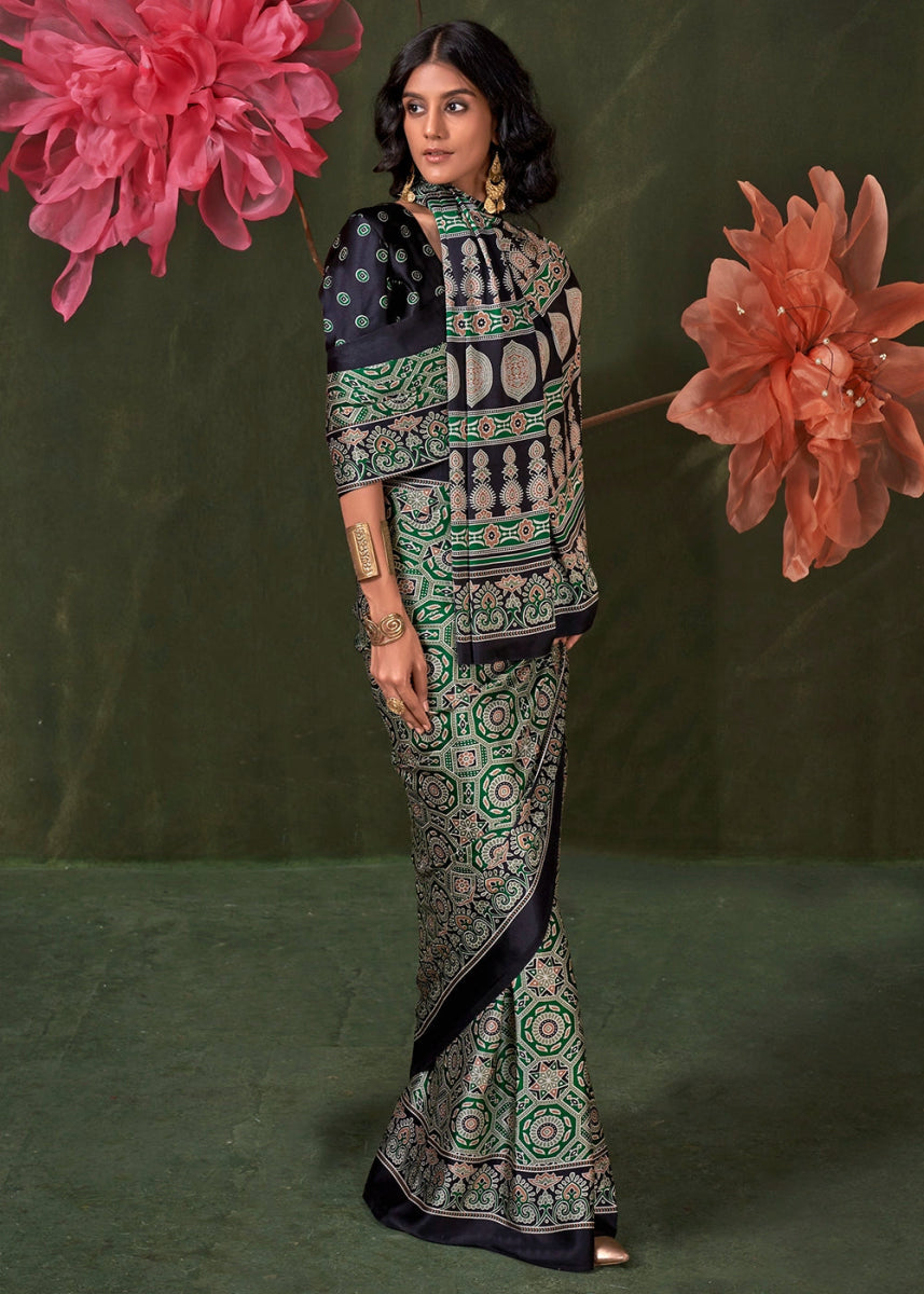 Shades Of Green Satin Crepe Saree Featuring Rich Ajrakh Prints - House of Sarvati LLC