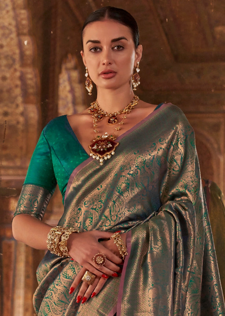 Shades Of Green Silk Saree with Handloom Weaving and Gold Zari Accents - House of Sarvati LLC