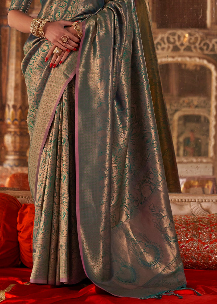 Shades Of Green Silk Saree with Handloom Weaving and Gold Zari Accents - House of Sarvati LLC