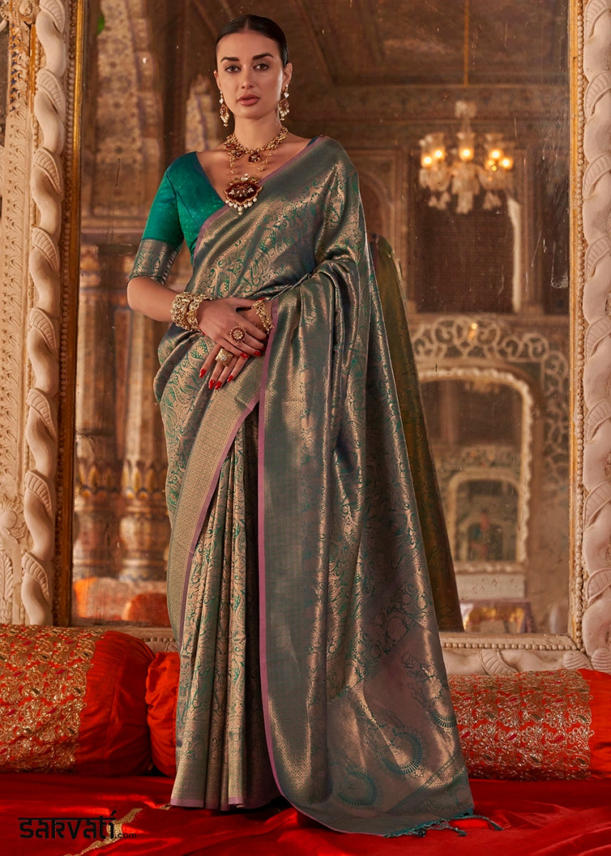 Shades Of Green Silk Saree with Handloom Weaving and Gold Zari Accents - House of Sarvati LLC
