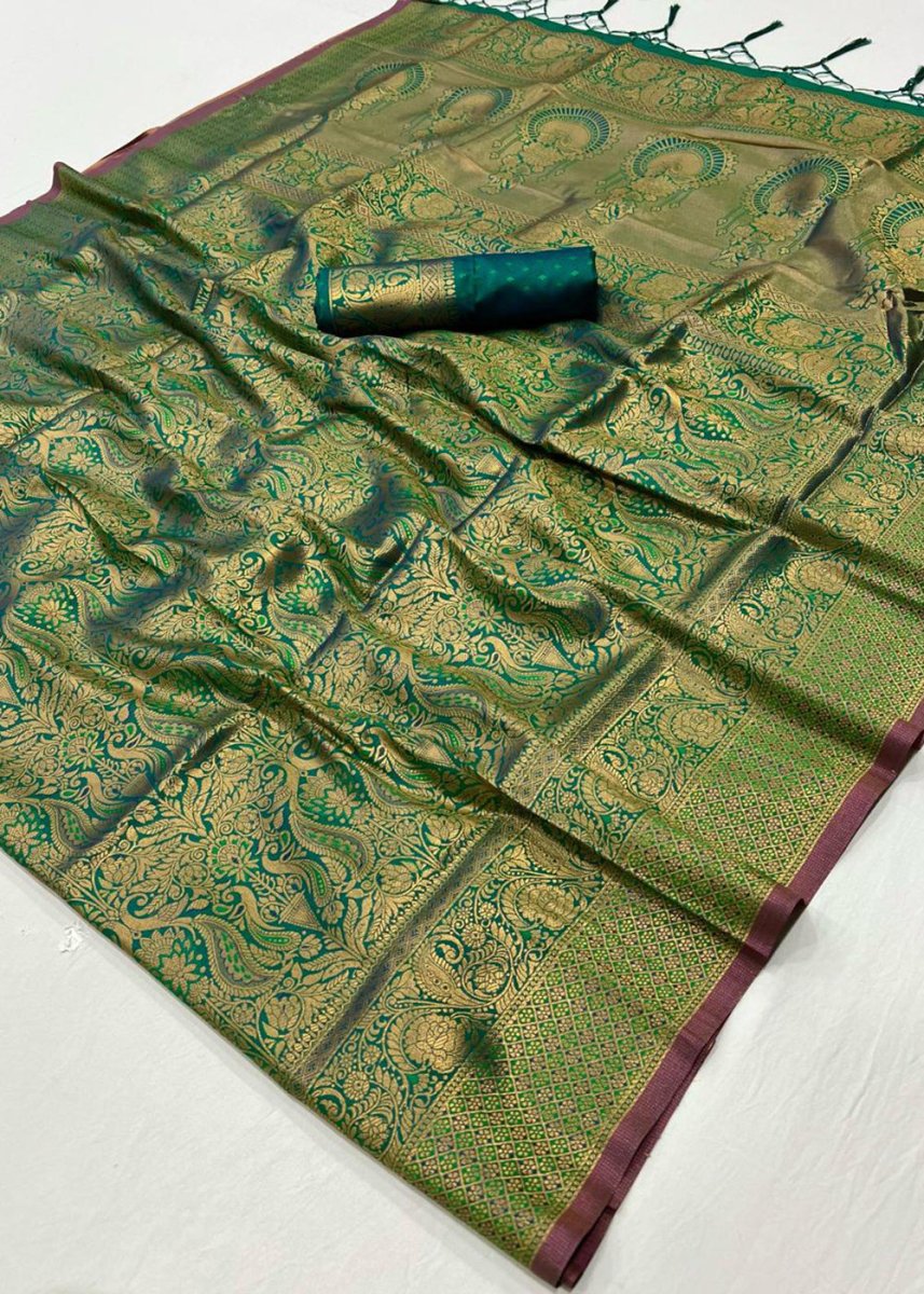 Shades Of Green Silk Saree with Handloom Weaving and Gold Zari Accents - House of Sarvati LLC