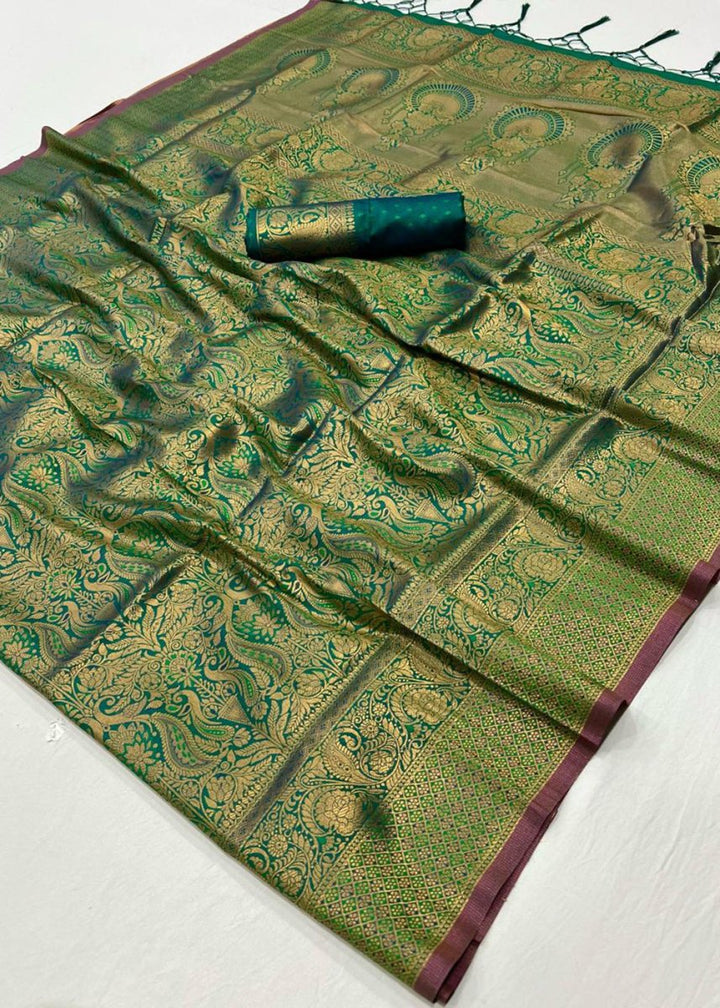 Shades Of Green Silk Saree with Handloom Weaving and Gold Zari Accents - House of Sarvati LLC