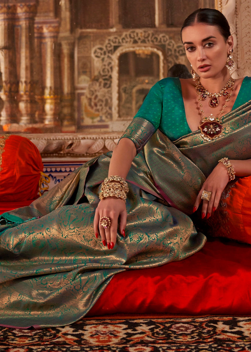 Shades Of Green Silk Saree with Handloom Weaving and Gold Zari Accents - House of Sarvati LLC