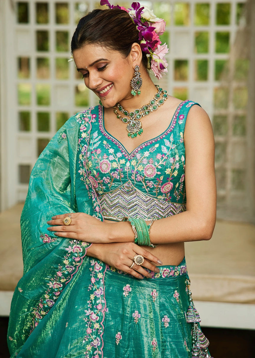 Shades Of Green Tissue Lehenga Choli with Elegant Floral Embroidery - House of Sarvati LLC