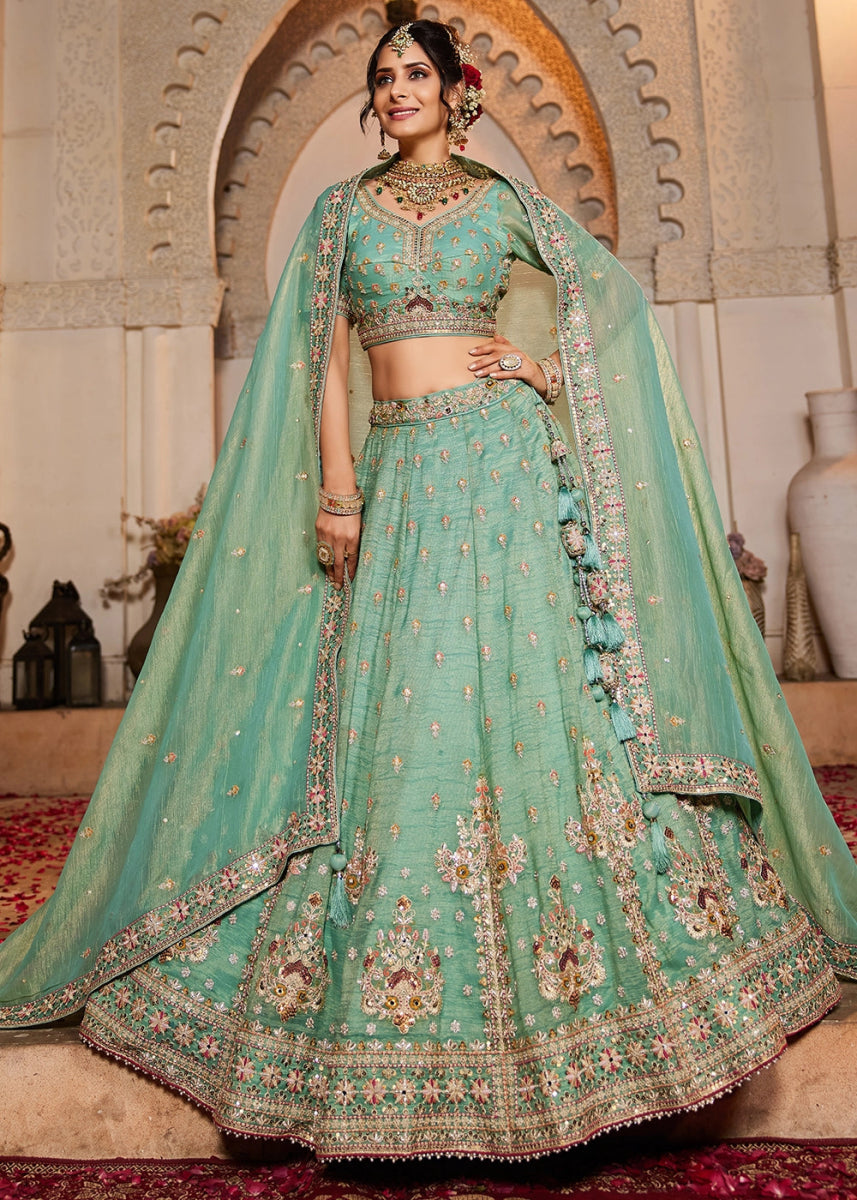 Shades Of Green Tissue Lehenga with Ornate Beads & Stone Handwork - House of Sarvati LLC