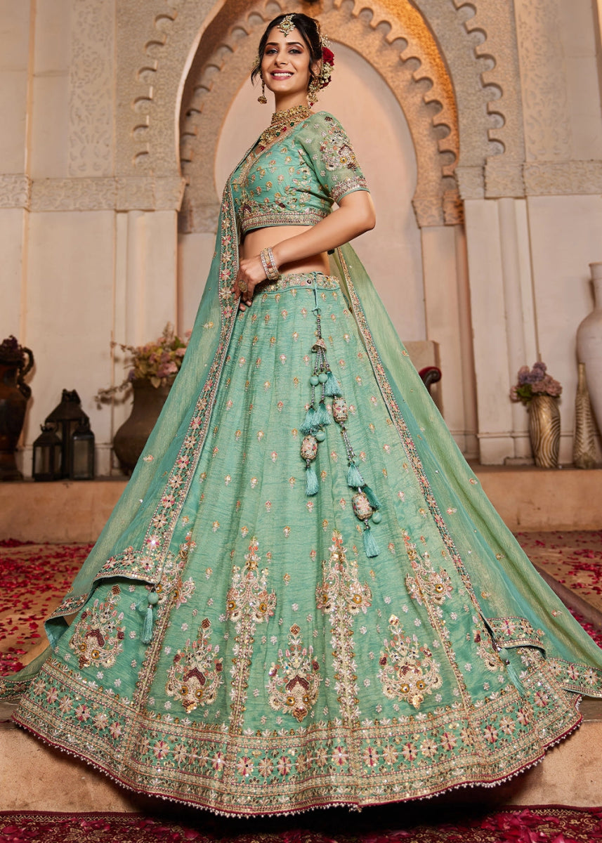 Shades Of Green Tissue Lehenga with Ornate Beads & Stone Handwork - House of Sarvati LLC