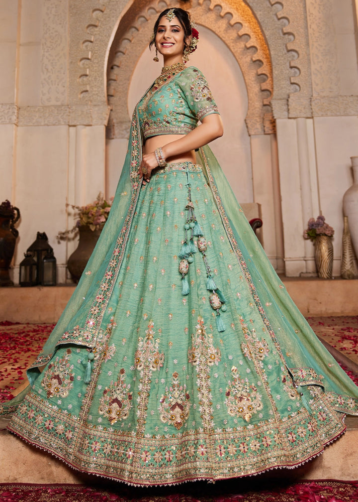 Shades Of Green Tissue Lehenga with Ornate Beads & Stone Handwork - House of Sarvati LLC