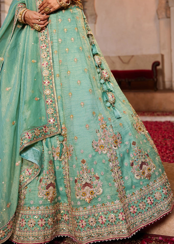 Shades Of Green Tissue Lehenga with Ornate Beads & Stone Handwork - House of Sarvati LLC