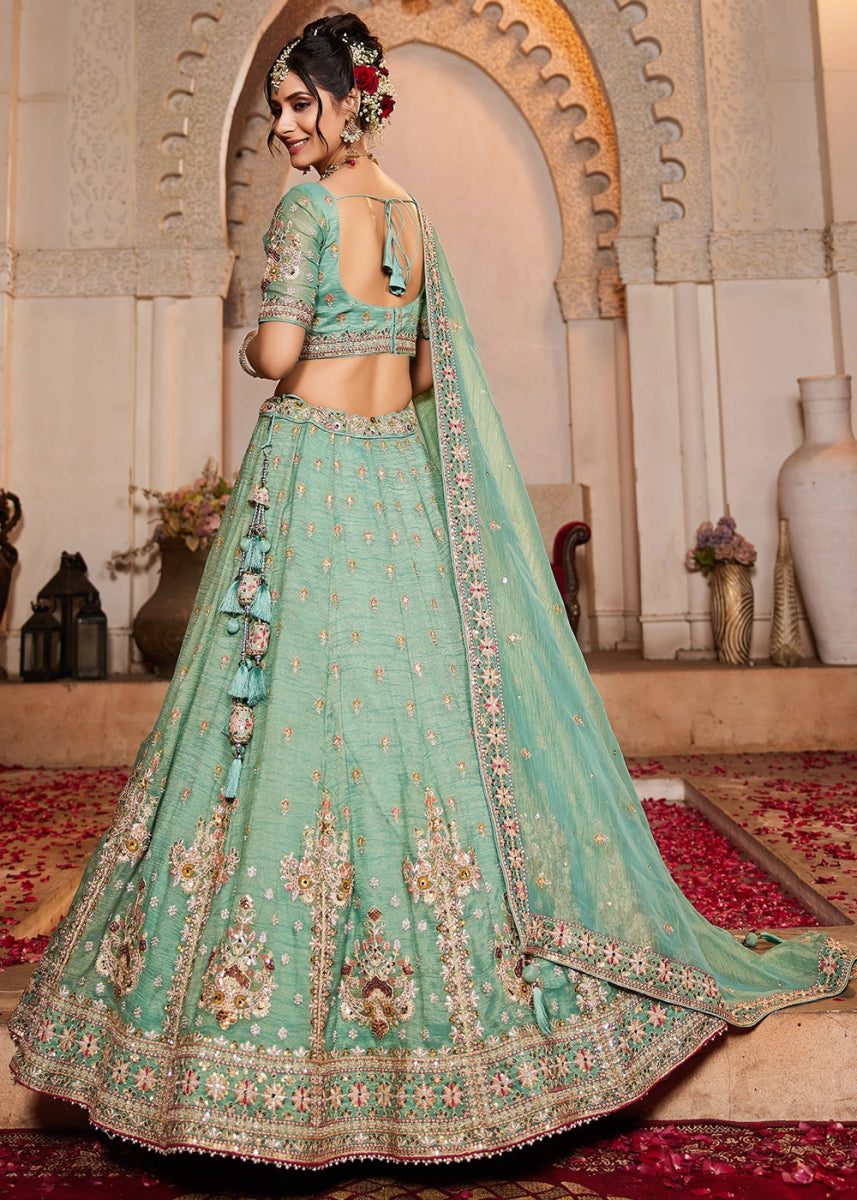 Shades Of Green Tissue Lehenga with Ornate Beads & Stone Handwork - House of Sarvati LLC