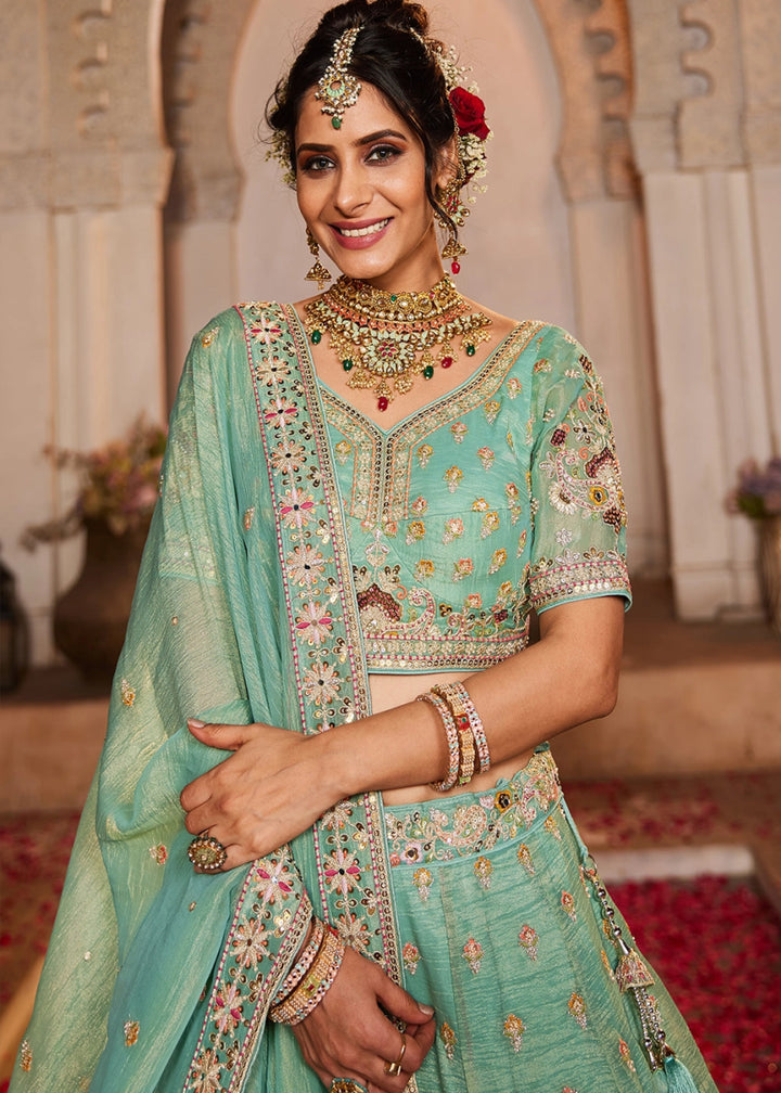 Shades Of Green Tissue Lehenga with Ornate Beads & Stone Handwork - House of Sarvati LLC