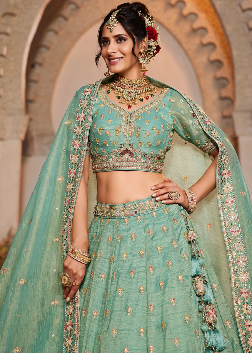 Shades Of Green Tissue Lehenga with Ornate Beads & Stone Handwork - House of Sarvati LLC