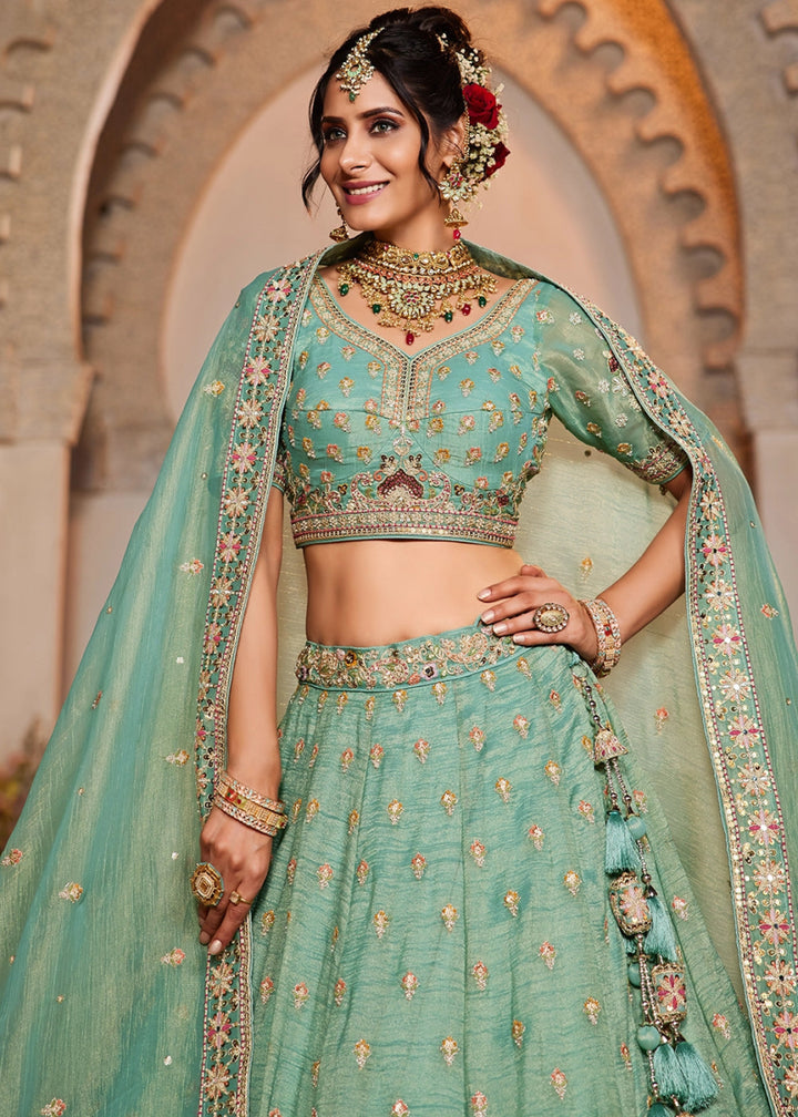 Shades Of Green Tissue Lehenga with Ornate Beads & Stone Handwork - House of Sarvati LLC
