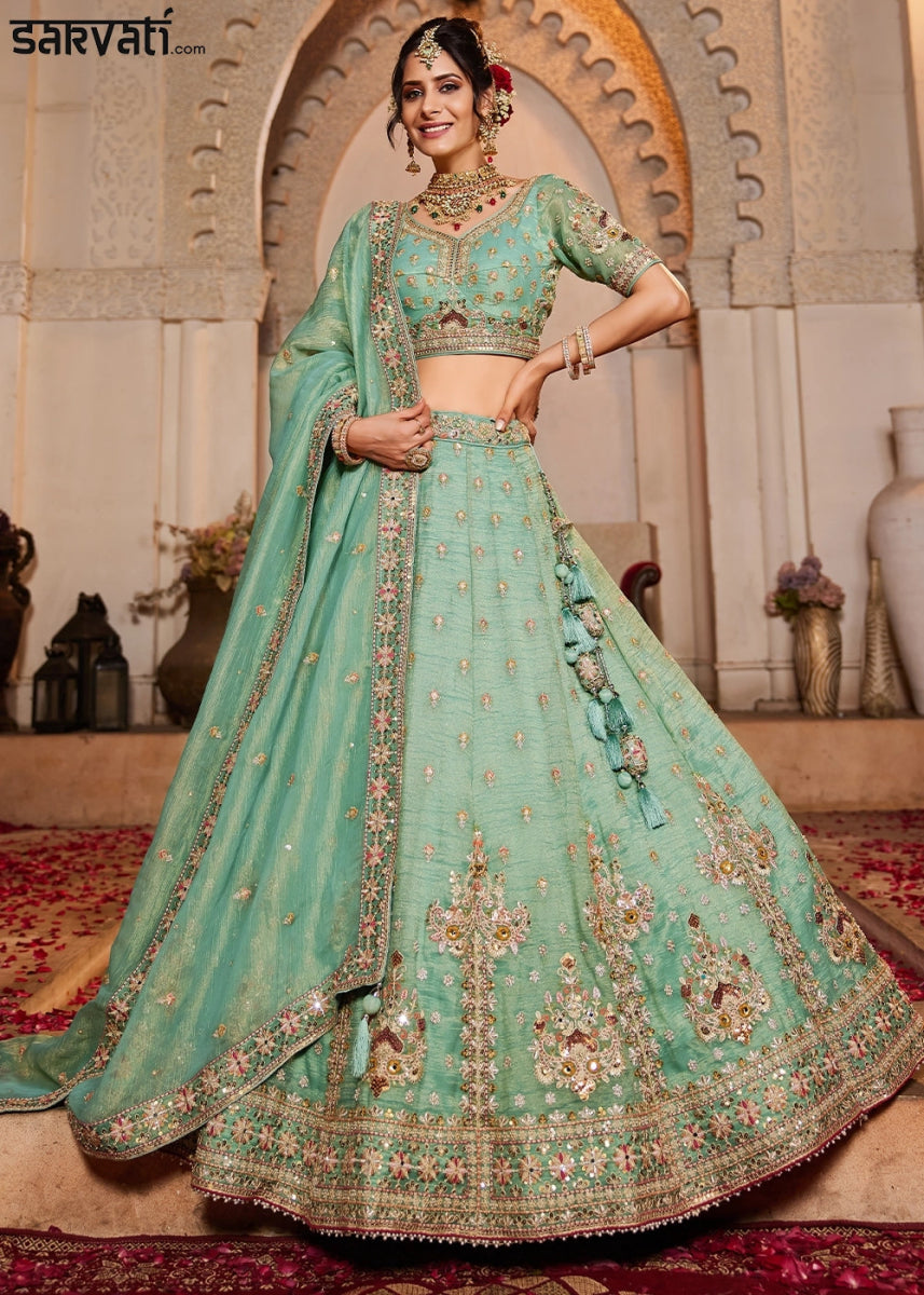 Shades Of Green Tissue Lehenga with Ornate Beads & Stone Handwork - House of Sarvati LLC