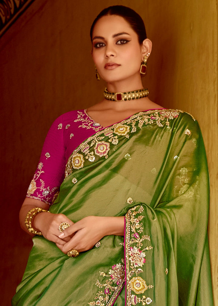 Shades Of Green Tissue Silk Saree Beautified with Intricate Thread Embroidery And Sequin Accents - House of Sarvati LLC