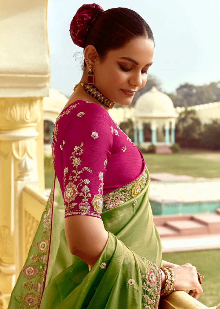 Shades Of Green Tissue Silk Saree Beautified with Intricate Thread Embroidery And Sequin Accents - House of Sarvati LLC