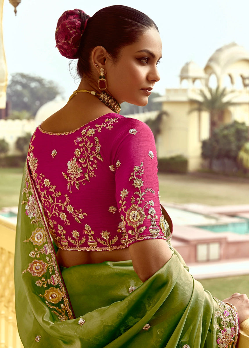Shades Of Green Tissue Silk Saree Beautified with Intricate Thread Embroidery And Sequin Accents - House of Sarvati LLC
