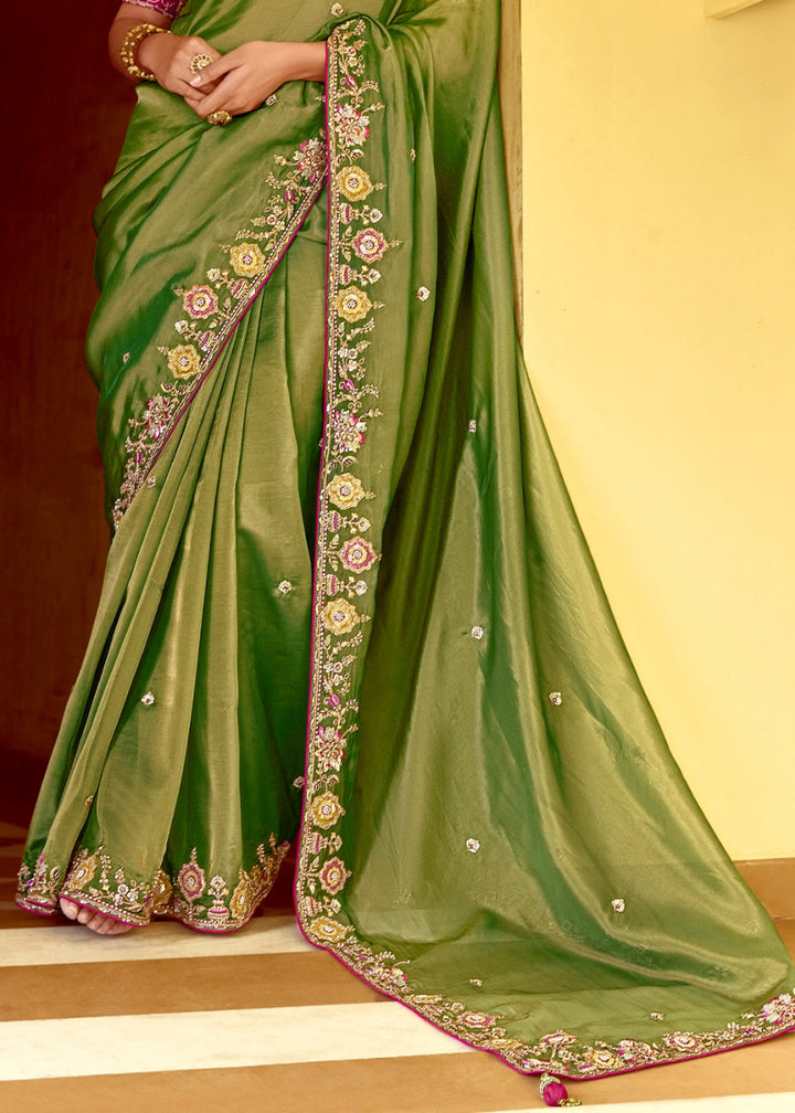 Shades Of Green Tissue Silk Saree Beautified with Intricate Thread Embroidery And Sequin Accents - House of Sarvati LLC