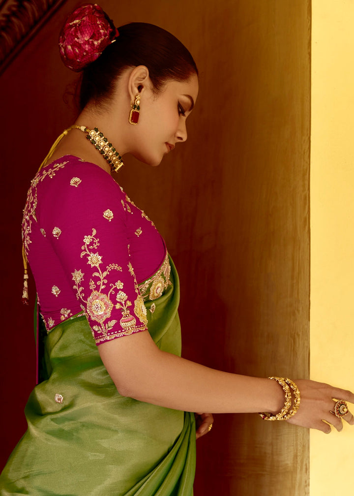 Shades Of Green Tissue Silk Saree Beautified with Intricate Thread Embroidery And Sequin Accents - House of Sarvati LLC