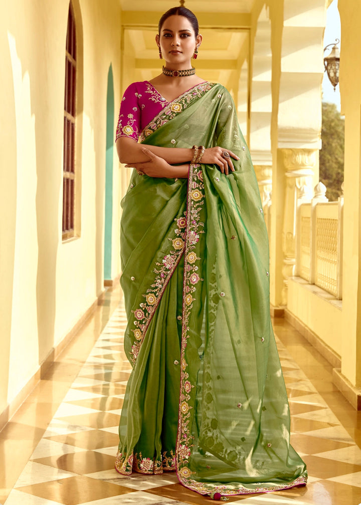 Shades Of Green Tissue Silk Saree Beautified with Intricate Thread Embroidery And Sequin Accents - House of Sarvati LLC