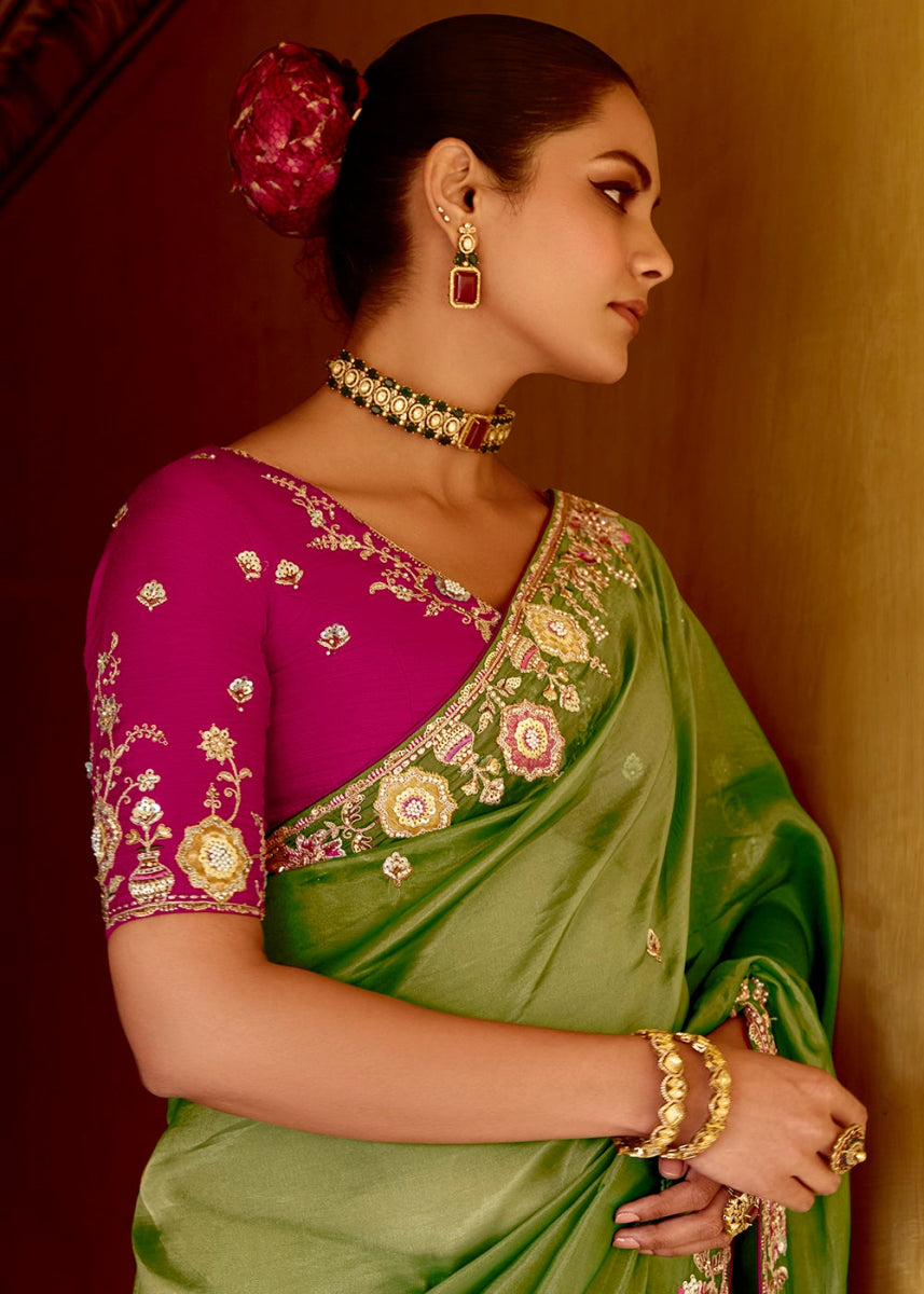Shades Of Green Tissue Silk Saree Beautified with Intricate Thread Embroidery And Sequin Accents - House of Sarvati LLC