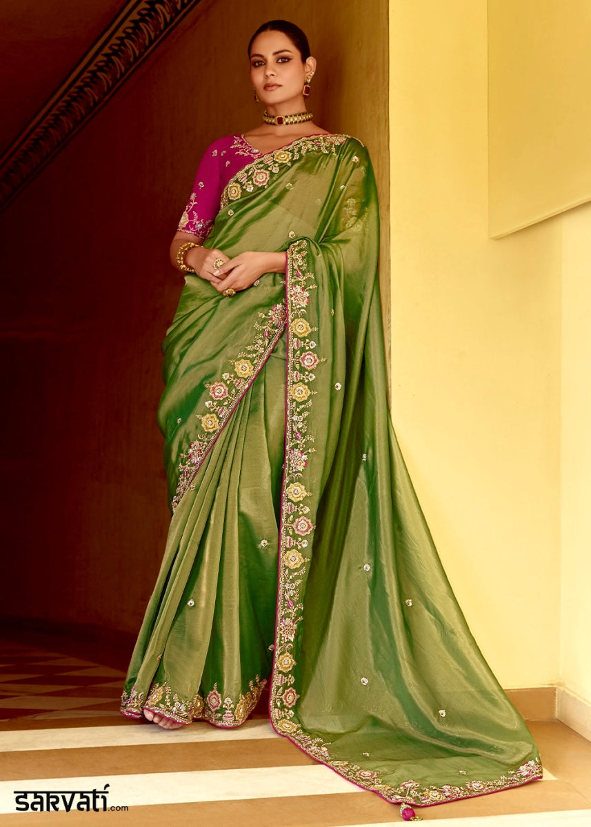 Shades Of Green Tissue Silk Saree Beautified with Intricate Thread Embroidery And Sequin Accents - House of Sarvati LLC