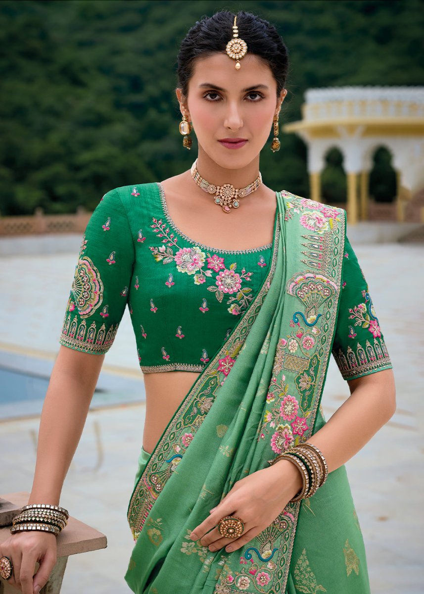 Shades Of Green Viscose Silk Saree with Intricate Cutwork & Embroidery - House of Sarvati LLC