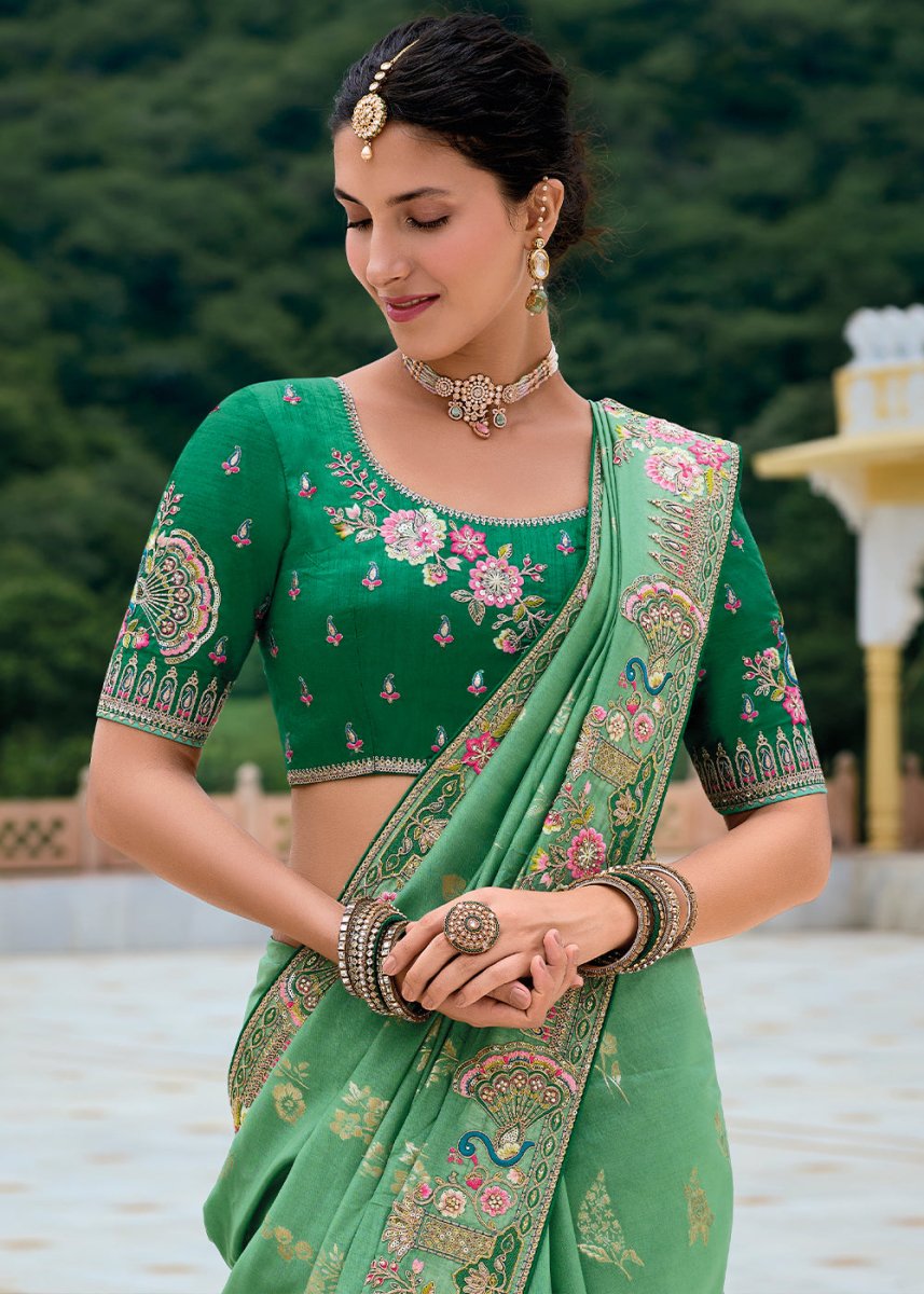 Shades Of Green Viscose Silk Saree with Intricate Cutwork & Embroidery - House of Sarvati LLC