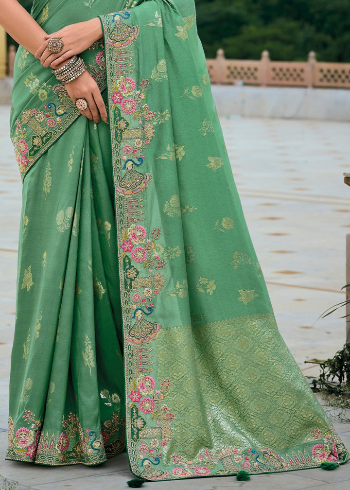 Shades Of Green Viscose Silk Saree with Intricate Cutwork & Embroidery - House of Sarvati LLC