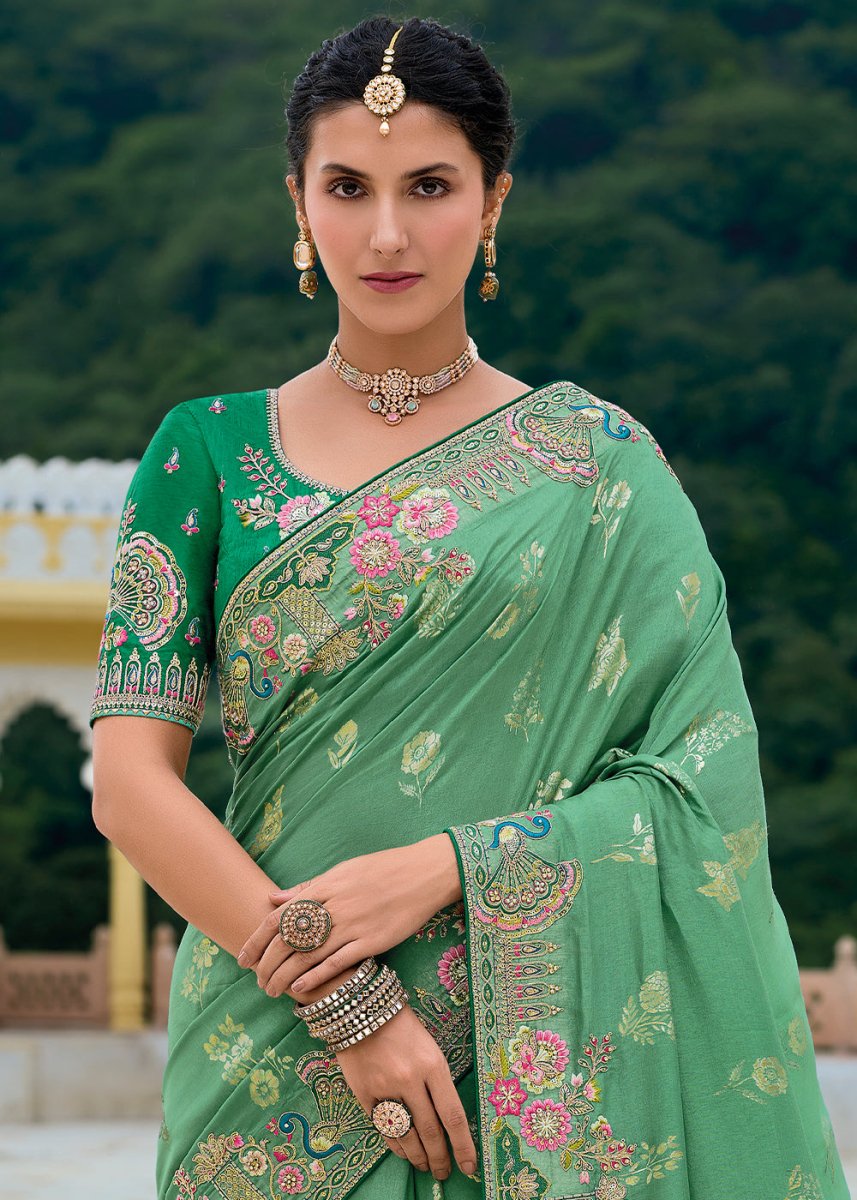 Shades Of Green Viscose Silk Saree with Intricate Cutwork & Embroidery - House of Sarvati LLC