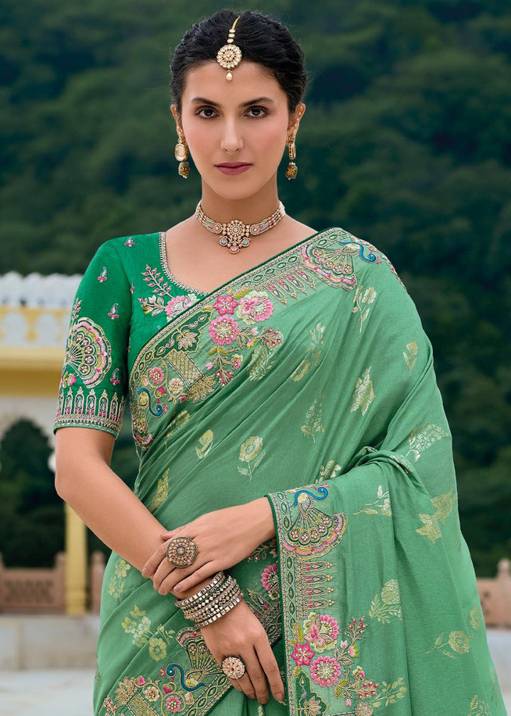 Shades Of Green Viscose Silk Saree with Intricate Cutwork & Embroidery - House of Sarvati LLC