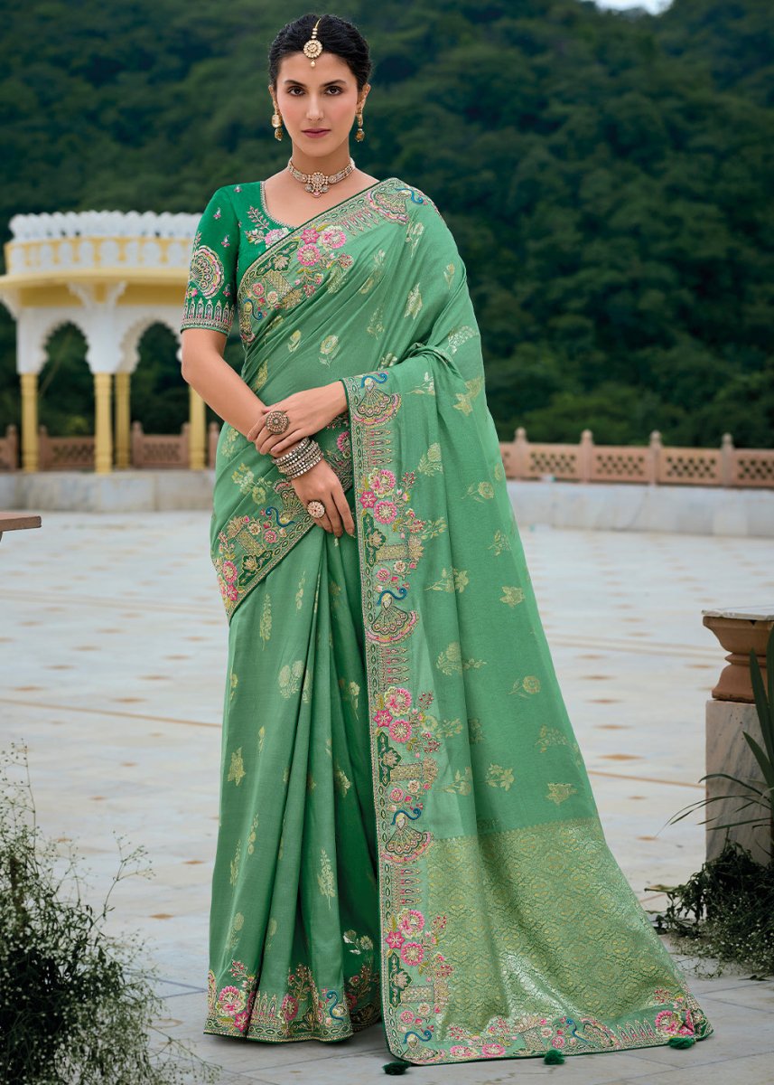 Shades Of Green Viscose Silk Saree with Intricate Cutwork & Embroidery - House of Sarvati LLC