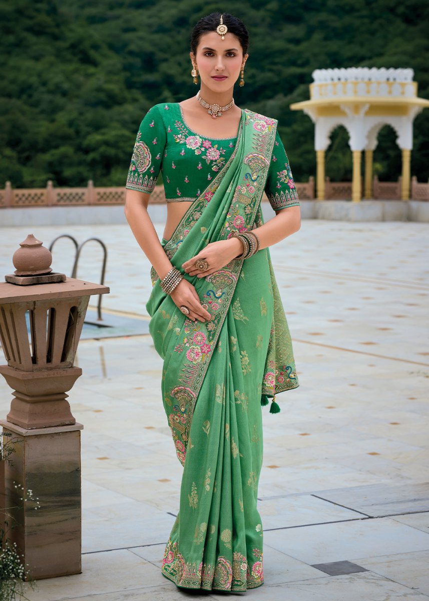 Shades Of Green Viscose Silk Saree with Intricate Cutwork & Embroidery - House of Sarvati LLC