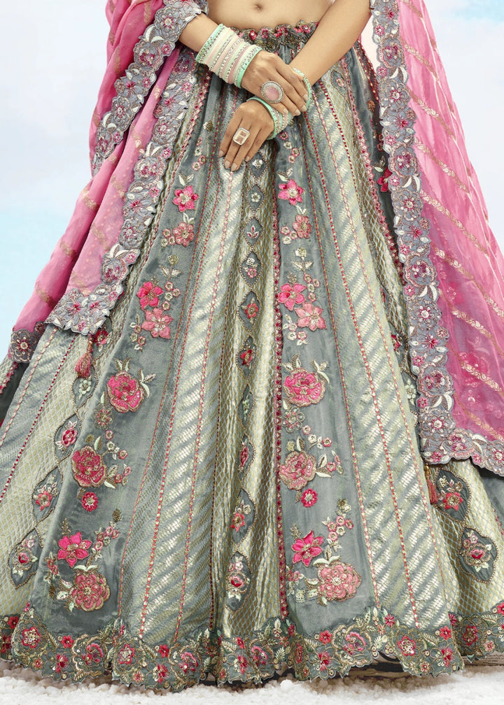 Shades Of Grey Banarasi Silk Lehenga Choli with Intricate Embroidery and Cut Work - House of Sarvati LLC