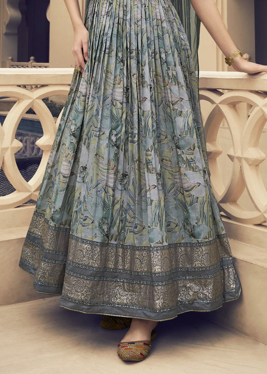 Shades Of Grey Floral Silk Anarkali Gown with Detailed Embroidery Work - House of Sarvati LLC