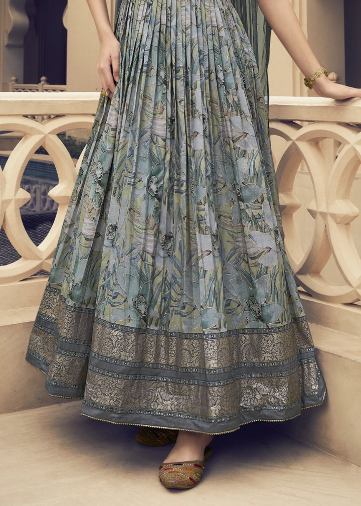Shades Of Grey Floral Silk Anarkali Gown with Detailed Embroidery Work - House of Sarvati LLC