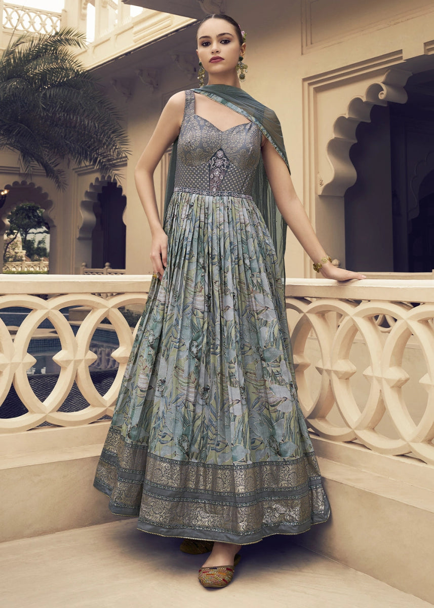 Shades Of Grey Floral Silk Anarkali Gown with Detailed Embroidery Work - House of Sarvati LLC