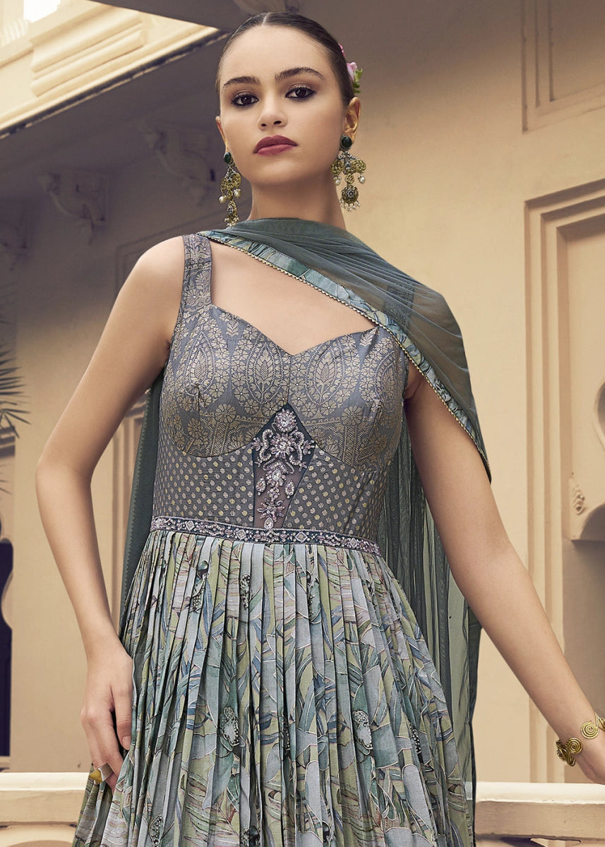 Shades Of Grey Floral Silk Anarkali Gown with Detailed Embroidery Work - House of Sarvati LLC