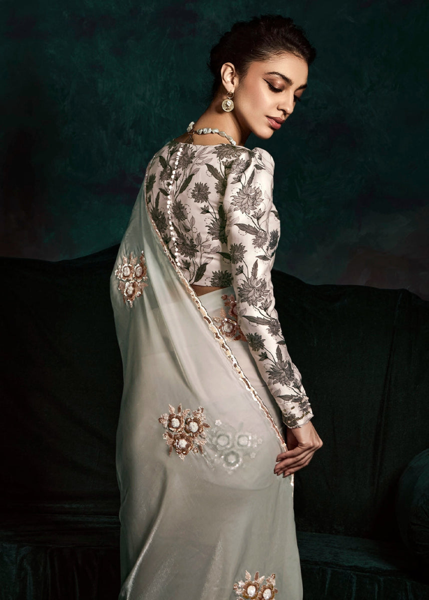 Shades Of Grey Tissue Saree with Dhaga,Thread & Sequin Embellishments - House of Sarvati LLC
