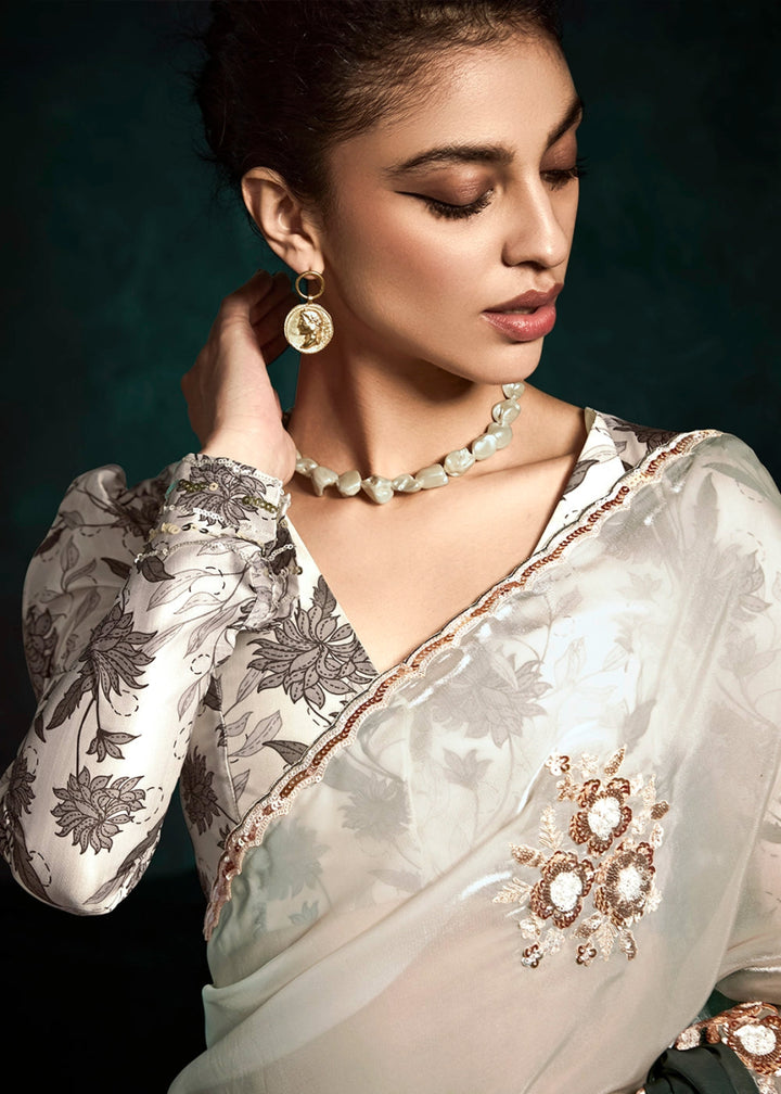 Shades Of Grey Tissue Saree with Dhaga,Thread & Sequin Embellishments - House of Sarvati LLC